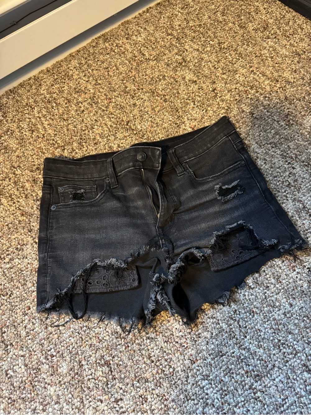 American Eagle Outfitters Black Distressed Denim Shorts with Lace Insets